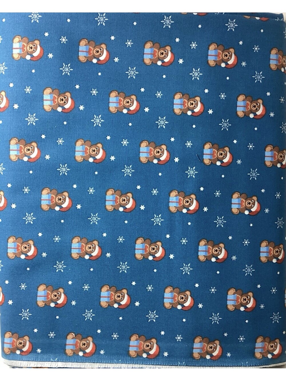 3 yds Fabrics by MDG Teddy Bear w/ Christmas gift & Santa Hat on blue background
